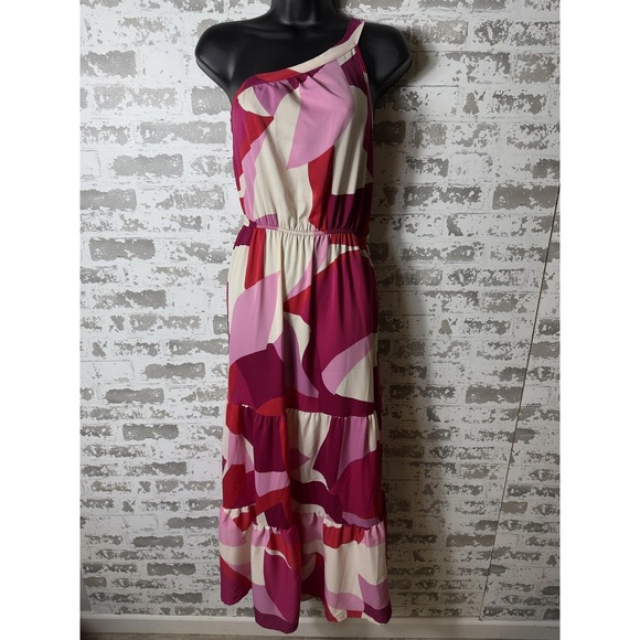 PrettyGarden Dress Womens Large Pink Red One Shoulder Maxi Tiered Abstract Boho - Picture 1 of 7